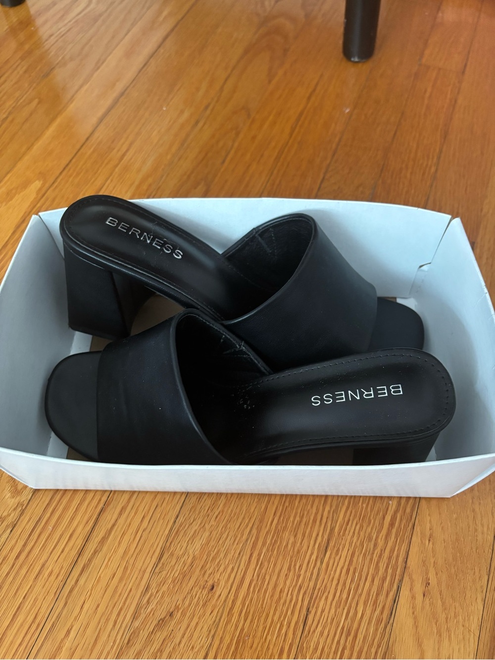 BERNESS Black Block Heel Slide Mules